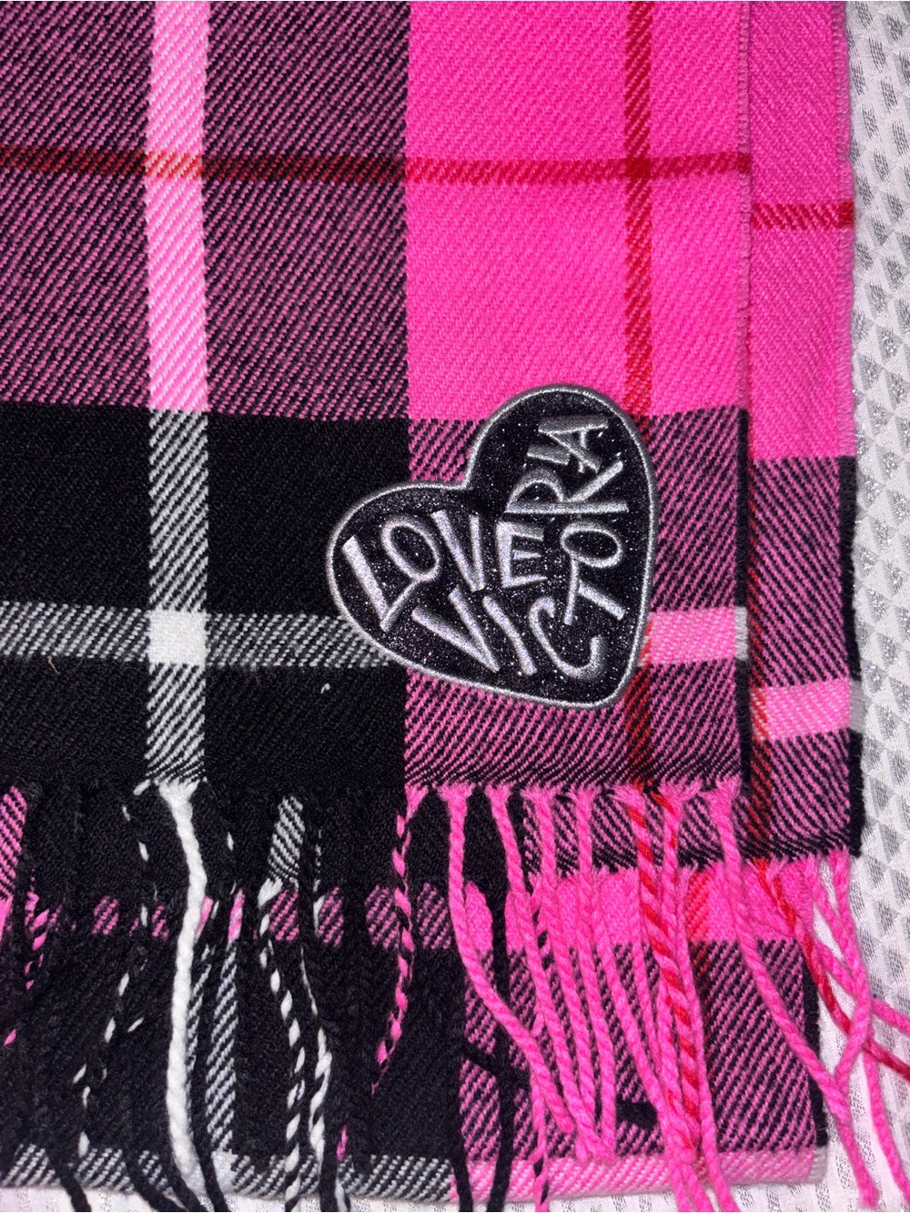 PINK Victoria's Secret Hot Pink and Black Plaid Scarf with Heart Patch